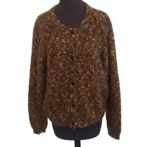 Vtg Brown Speckled Mohair Blend Eyelash Cardigan Sweater Size Med Artsy